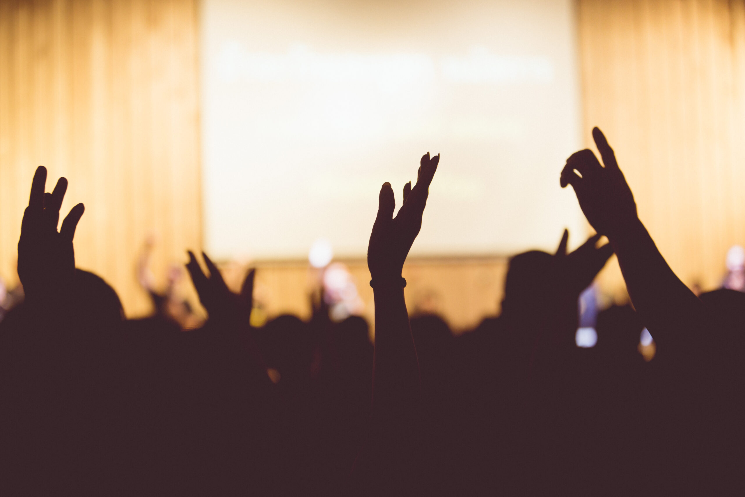 Audience members raise their hands in a gesture of engagement during a live event, creating a sense of enthusiasm and participation.